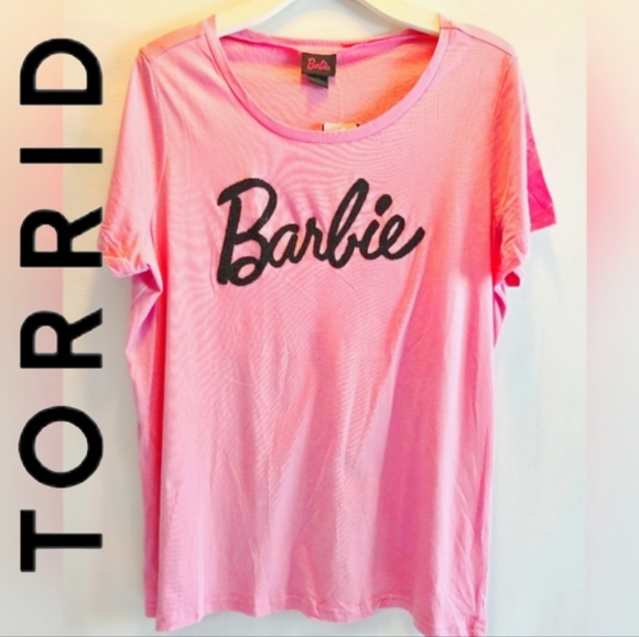 torrid Tops - NWT Barbie Logo Short Sleeve Plus Size T-Shirt Pink With Black Lettering. Size 1
